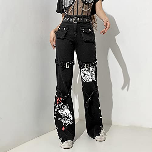 Eyelet Buckle Black Punk Goth Jeans Woman Techwear Dark Academic Print E Girl Cargo Pants Low Waist Denim Trousers #TOP2