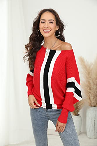 Image of FULIER Women Oversized Boat Neck Batwing Sleeves Dolman Knitted Sweaters Lightweight Pullovers Tops One Size