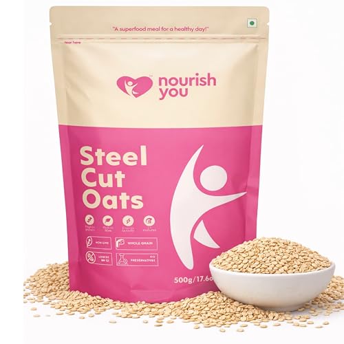 Image of Nourish You Premium Steel Cut Oats - 1Kg | 14.2g Protein per 100g | 10.2g dietary Fibre per 100g | Gluten Free Oats | High in Iron & Fibre | Healthy Protein Breakfast Cereal & Oatmeal | Diet food for Weight Management | Value pack |