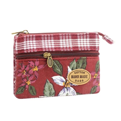 Energather Small Coin Pouch, Cotton Coin Bag Coin Purses for Women and Girls, Floral Pattern Coin Bags Small Pouch with Zipper Coin Holder for Change, Card, Receipt (red)