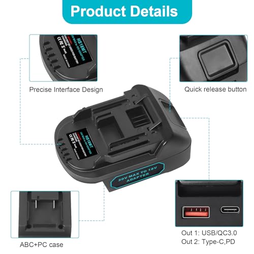 QUPERR EIN18MT USB-Akku-Adapter für Einhel_l_18V Akku, umwandeln von Einhel_l_18V in Makita 18V Akku, geeignet für Makita 18V Akku-Werkzeuge, Akku-Konverter mit USB/Type-C Ladeanschluss (nur Adapter)