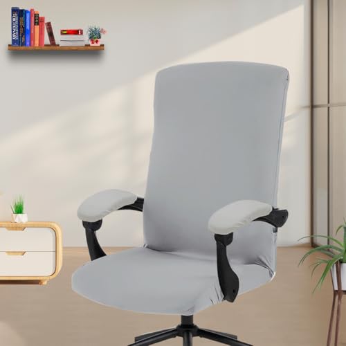 Image of Eleganta Stretch Boss Office Chair Cover Printed Computer Chair Covers with Armrest Cover Universal Removable Spandex Rotating Chair Slipcovers Soft Desk Chair Seat Protector Solid Grey (Pack of 2)