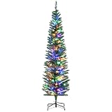 HOMCOM 6ft Prelit Artificial Christmas Tree, Pencil Xmas Tree 150 Colorful LED Lights, 390 Branches, Steel Base, Holiday Decor, Green