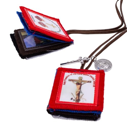 Five Fold Scapular with St. Benedict Medal and Crucifix | Scapular Devotional | Catholic Spiritual Protection | Wear or Hang in Home on Wall | 10 Fabric Tags with Christian Iconography