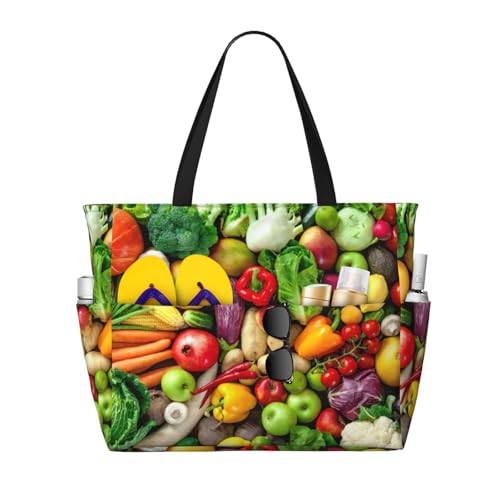 Sac fourre-tout imprimé fruits légumes noir grand format pour femme