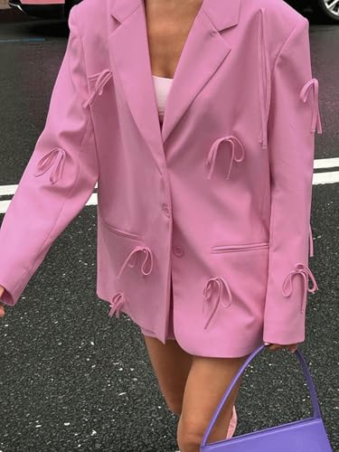 CHARTOU Women Y2k Bow Casual Office Blazer Top Cute Notch Lapel Button Up Jacket Oversized Long Sleeve Coat3