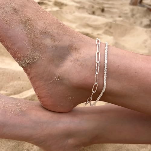 Image of Freekiss Sterling Silver Ankle Bracelets for Women: Dainty Layered Waterproof Anklet for Women Adjustable Womens Anklet Set Stackable Figaro Beaded Cuban Link Anklets Beach Jewelry for Women