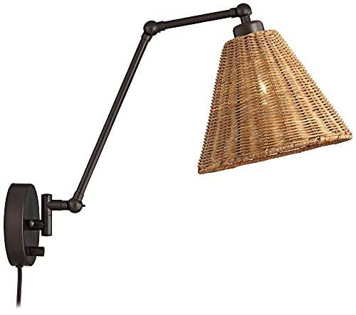 Barnes And Ivy Rowlett Swing Arm Adjustable Wall Mounted Lamp With Cord Bronze Plug-In Light Fixture Natural Rattan Shade For Bedroom Bedside House Reading Living Room Home Hallway Dining #TOP6