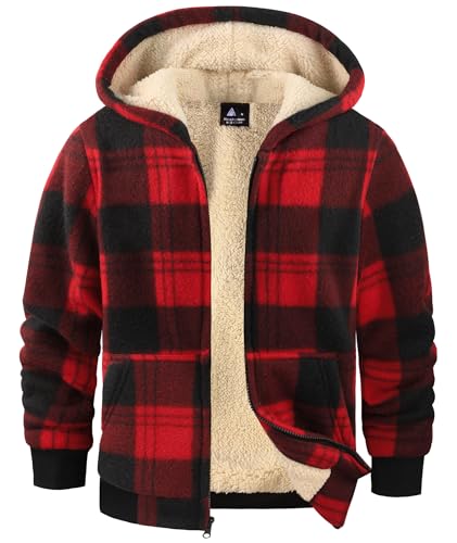 JACKETOWN Fleece Hoodie Boys Checked Jacket Winter Fleece Lining Plaid Hoodie Boys Hooded Sweatshirt Thick Warm Winter Jacket S-2XL Red Black