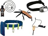 5er Expedition-Natur Geschenk-Set | Survival-Tool 6-in-1 + Taschenmesser mit Holzgriff + Outdoor-Gürtel + LED-Kopflampe + Feuerstarter-Set