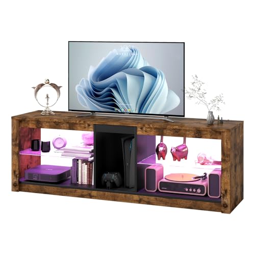 Levede TV Cabinet Stand Unit, 140cm Industrial TV Stand with RGB LED Lights, Entertainment Center for 65 Inch TVs, Adjustable Glass Shelf, Open Storage Shelves Media Console Table for Living Room
