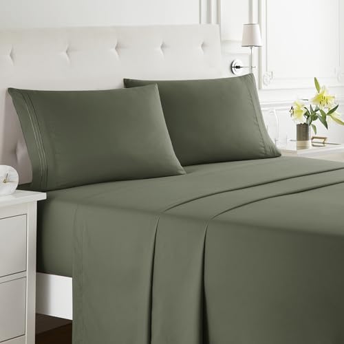 Clara Clark Bed Sheets, Premier 1800 Series Bed Sheet Set, Deep Pocket, Wrinkle, Fade, Stain Resistant, Luxury Soft Bedding Sheets & Pillowcases, Full, Olive Green