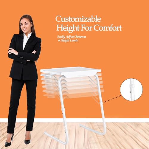 Image of amazon basics Pro Smart | Lounge Mate Smart | Height Adjustable Laptop Table | Adjustable Table Angle | Cupholder | Carbon Steel | Foldable | Dove White | 75 cm - H, 55 cm - L, 40 cm - W