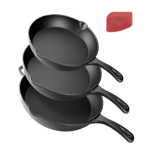 Image of CUISGUSTO 3-Piece Cast Iron Skillet Set (6” 8” 10”) – Pre-Seasoned Frying Pan Trio, Holiday Cooking Essentials, Versatile Oven Safe Cookware Set