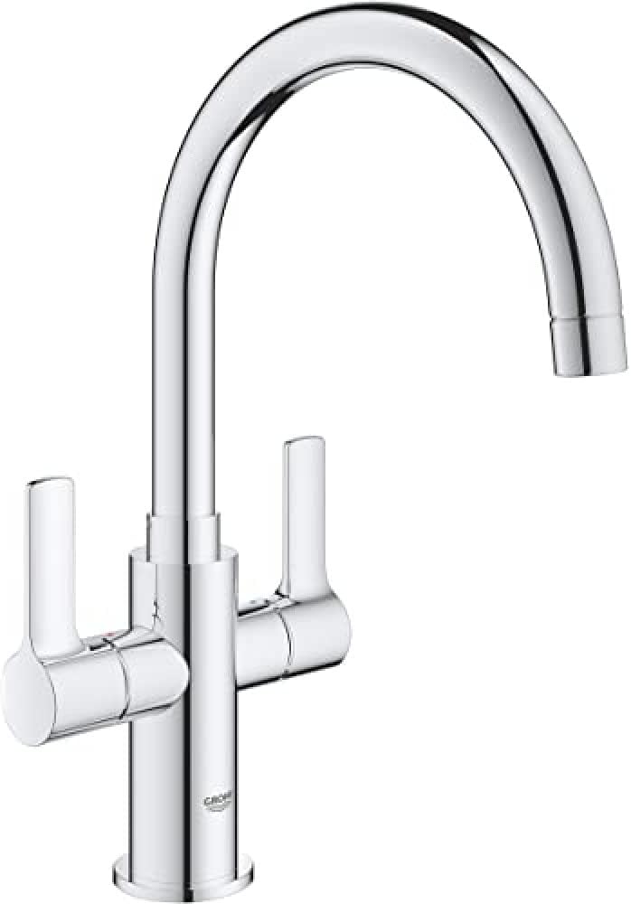 GROHE Start – Two Handle Kitchen Sink Mixer (High C-Spout, Adjustable Swivel Area 0°/150°/360°, 1-Hole Installation, Low Pressure Min. 0.2 Bar, UK Tails 1/2 Inch BSP), Size 321 mm, Chrome, 30481000