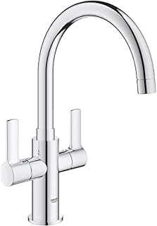 GROHE Start 30481000 - Mezclador de fregadero de cocina de dos asas (boquilla en C alta, área giratoria ajustable 0°/150°/360°, instalación de 1 agujero, baja presión mínima 0,2 bar, colas británicas