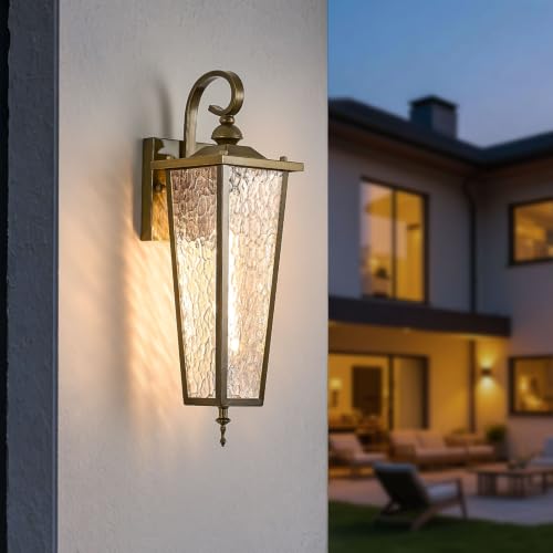 UINBFTIH Outdoor Wall Sconce, Vintage Gold Finish, Stone Texture Glass, H18.5in Waterproof Porch Light with E26 Socket for Garage, Doorway, Front Door