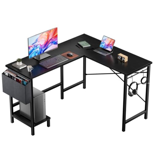 Image of Simple Deluxe L-Shaped Corner Desk with PC Stand, Storage Bag & Hooks - Reversible, Sturdy Steel Frame, Waterproof Top, 4 Colors (Black)