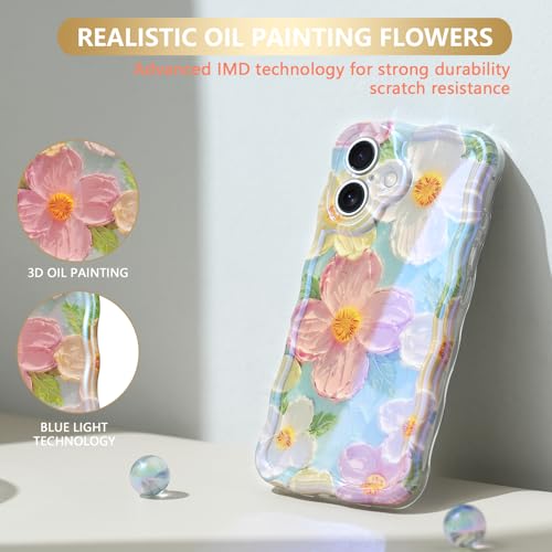 Sheheme RIV For Iphone 16 Plus Case [With 9H Screen Protectors] Wave Bumper Colorful Oil Painting Flowers Print Blue Glossy Soft Tpu Phone Case Cover thumb #2