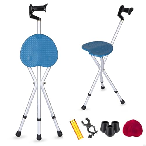 BSROZKI Folding Canes with Seat : Sturdy Lightweight Walking Stick Height Adjustment Cane Chair Crutches Stool 400lbs Capacity with LED Light and Cushion for Elderly