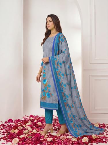 Image of Grey Silk Women's Dress Material with Coordinated Dupatta | Unstitched Salwar Suit Fabric Set for Casual, Office, Festive & Traditional Ethnic Wear