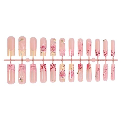 Long Square Press On Nails Pink Leopard Print With 3D