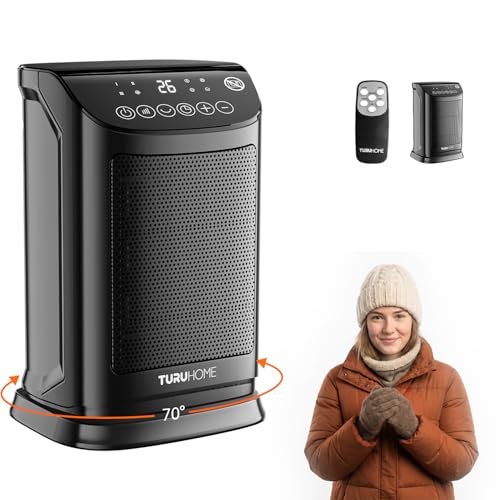 Aquecedor e ventilador Turu Home preto com painel digital, controle remoto, visão de oscilação e uma pessoa ao lado