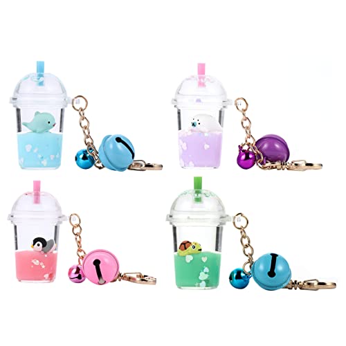 Pretyzoom 4Pcs Boba Tea Keychains Kawaii Floating Animal Keychain With Liquid Quicksand Bubble Tea Keychain Backpack Car Key Pendant #TOP10