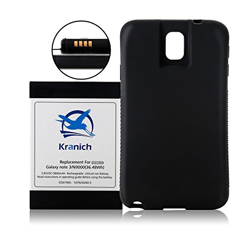 Samsung Galaxy Note 3 N9000 Extended Battery, Kranich 9600mAh Extended Battery Replacement Full NFC Support with Black TPU Protection Case