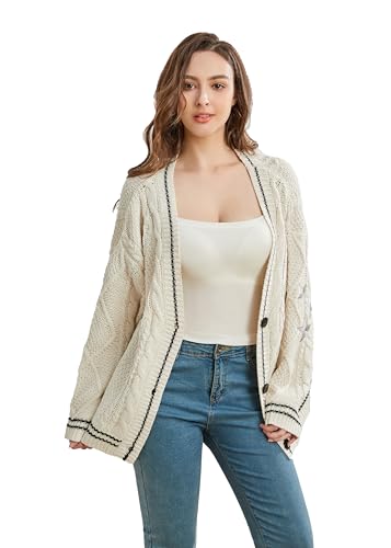 Women Cardigan Embroidery V Neck Sweater Knit Open Front Cardigan Oversized Button Down Knitwear Coat Outerwear Beige (XL/2XL)