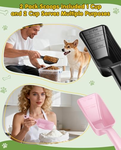 GNEOCO 2 Pack Dog Food Scoop with 1 Cup and 2 Cup Capacity, Plastic Pet Food Measuring Scoops with Clear Measurement Lines for Dogs, Cats & More,Dishwasher safe (Pink and Black)
