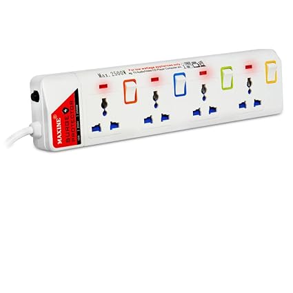 Maxine 4 Way Spike Buster with Individual Switch and Indicator, Extension Board, Safety Shutter, International Sockets & Surge Protector (White)