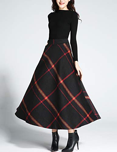 Tanming Women's Winter Warm Elastic Waist Wool Plaid A-Line Pleated Long Skirt2