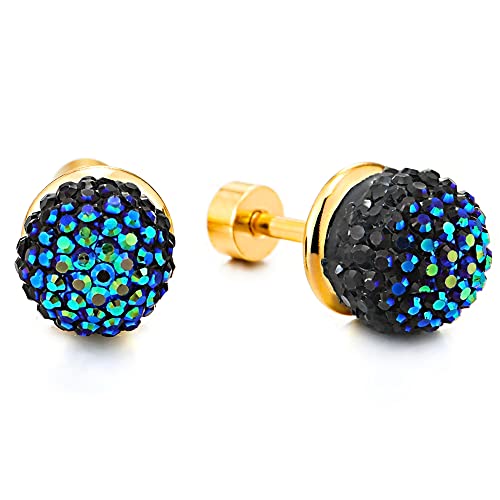 Mens Women Black Blue Rhinestone Cluster Ball Stud Earrings, Gold Color Stainless Steel, Screw Back