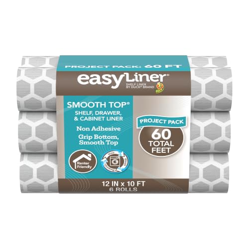 Smooth Top EasyLiner for Cabinets & Drawers - Easy to Install & Cut to Fit - Shelf Paper & Drawer Liner Non Adhesive - Non Slip Shelf Liner - 12in. x 10ft. - 6 Roll Project Pack- Grey Subtle
