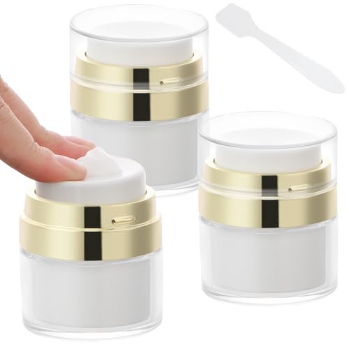 Image of Segbeauty Pack of 3 Travel Jars for Creams, 0.5oz Small Airless Pump Jars 15ml Refillable Travel Bottles Empty Lotion Container, Glass Jar for Toiletries Gold Moisturizer Container