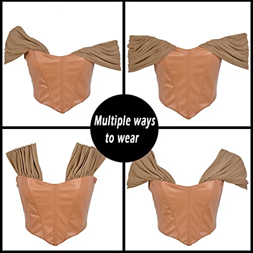 Zakinuva Elegant Pu Leather Corset Crop Top For Women Off Shoulder Mesh Sleeve Boned Bustier(Khaki,Xx-Large) #TOP4
