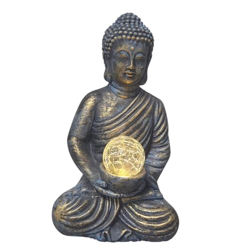 Image of DIVAS SPIRITUAL Outdoor Solar Buddha Ornament with Crackle Glass LED Light Ball, Cement Stone Effect Garden Statue, Weather Resistant Patio Decor Sculpture, 28 cm Height