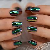 iBeautying Press on Nails - Press On Nails - Chrome Holo Color Green False Nails | Metallic Punk Des