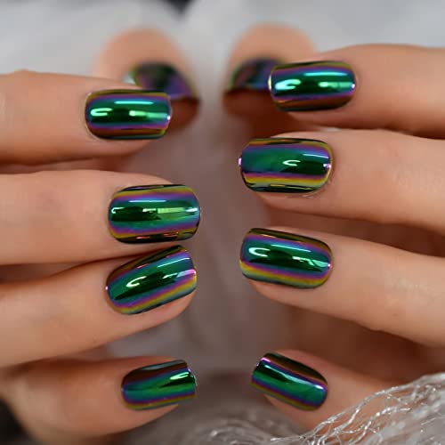 Ibeautying Press On Nails - Press On Nails - Chrome Holo Color Green False Nails | Metallic Punk Designed Short Square Reusable Fake Nails In 10 Sizes - 24 Nail Kit With Jelly Glue Pad #TOP19