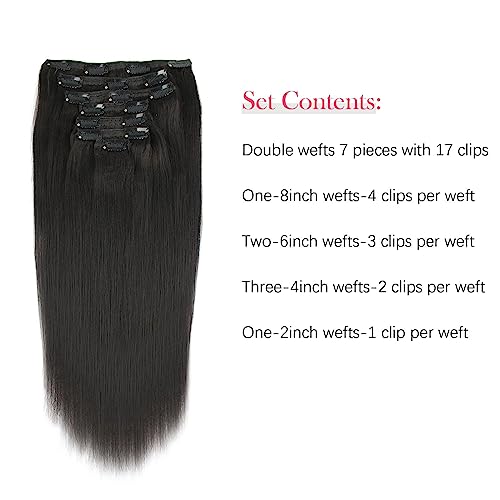 Sassina 10A Real Remy Thick Yaki Straight Clip in Virgin Human Hair Extension Natural Black Double Wefts for African American Black Women 7 Pieces 120g with 17 Clips, YS 18 Inch