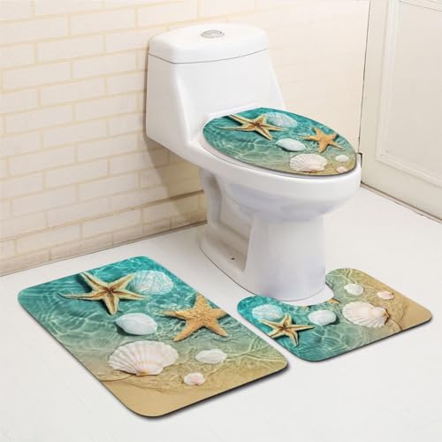 Juego de alfombras de baño del océano, 3pcs/set de la alfombra de baño de concha de mar de las estrellas de mar con alfombrilla de contorno y tapa de la tapa del inodoro, alfombra de baño sin desliza