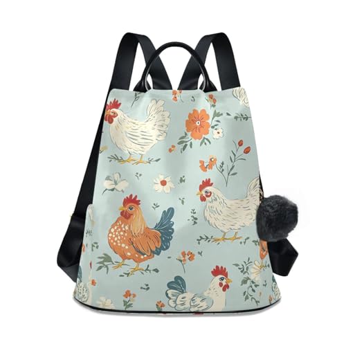 Sac à dos femme bleu sarcelle motif poules et fleurs pour voyage