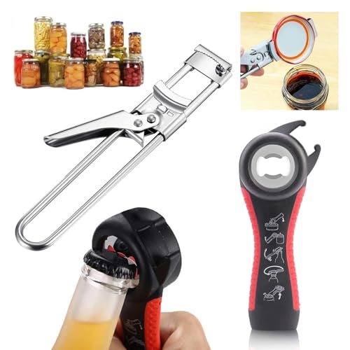 Yuqilin 2 Piezas Abrelatas, 5 en 1 Abrebotellas, Acero Inoxidable Abridor de Tarros, Abrelatas Manual, Ajustable Abre Botes, para Familias, Mujeres, Niños y Personas Mayores (Negro/Plata)