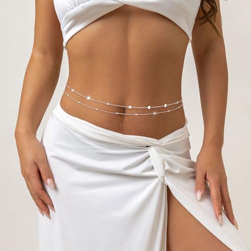 2PCS Gold Silver Waist Chain Adjustable Layered Belly Chain Body Chain Jewelry for Women Sexy Bikini Beach Boho Pearl Beaded Cuban Satellite Waist Chains2