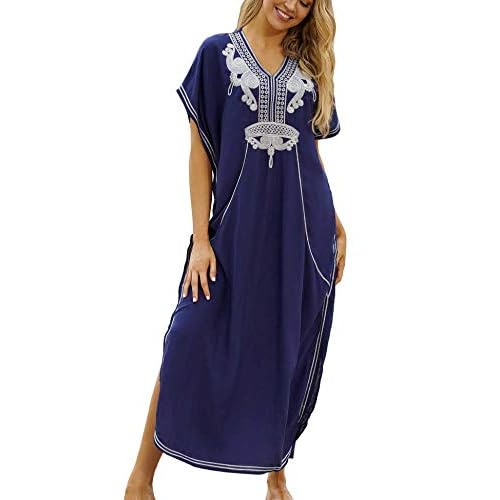 Orshoy Damen Kaftan Langes Kleid Strandkleid Pareos Bikini Cover ups Boho Kimono Lang Strand Cardigan Leichte Strickjacke One Size B01 Navy Blau/Weiß