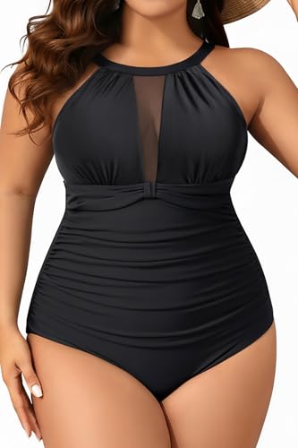 Aqua Eve Plus Size Women One Piece Swimsuit Tummy Control Bathing Suit High Neck Swimwear Black 16W