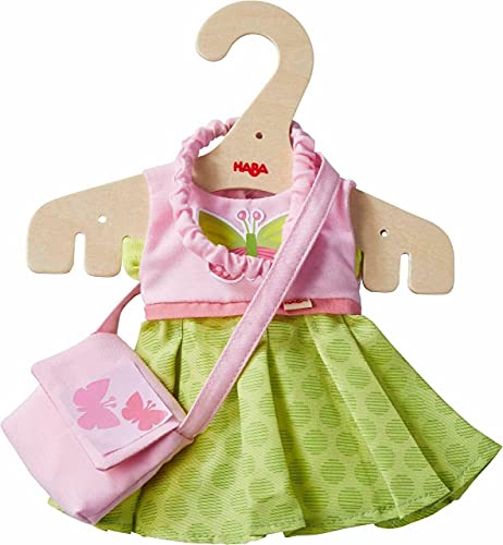 HABA 304253 - Kleiderset Schmetterling, Set aus Kleid, Hose, Handtasche und Haarband, Puppenzubehör für alle 30 cm großen Puppen, ab 18 Monaten
