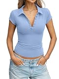 EasyGala Womens Cotton Polo Shirts Summer Going Out Tops Cap Sleeve Collared V Neck Tee Business Casual Outfits 2026 Blue XS