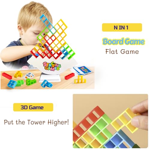 CLAPET 64 Pcs Tetra Tower Stacking Game, Fun Balance Building Blocks Board Games for Kids Adults Family Party, Toys Gifts for Boys Girls Ages 3-12 - Thumbnail 5